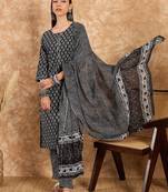 Black floral print cotton straight kurta pant with dupatta set