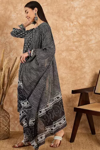Black floral print cotton straight kurta pant with dupatta set
