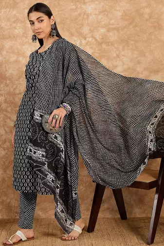 Black floral print cotton straight kurta pant with dupatta set