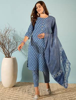 Navy blue floral print cotton straight kurta pant with dupatta set 1