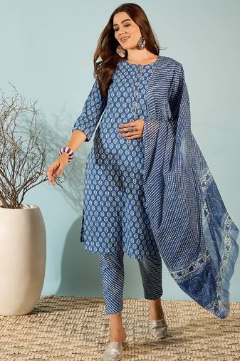 Navy blue floral print cotton straight kurta pant with dupatta set