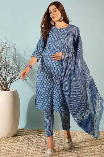 Navy blue floral print cotton straight kurta pant with dupatta set