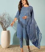 Navy blue floral print cotton straight kurta pant with dupatta set