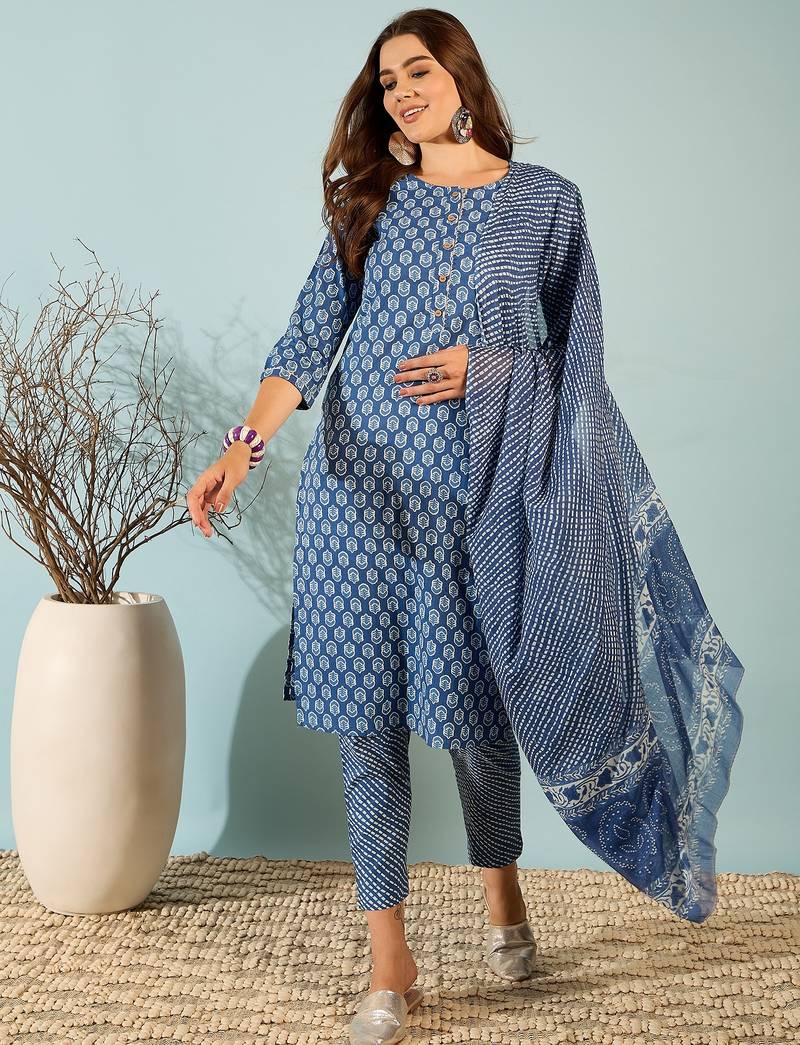 Navy blue floral print cotton straight kurta pant with dupatta set