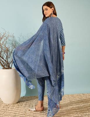 Navy blue floral print cotton straight kurta pant with dupatta set 2