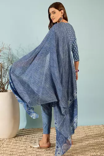 Navy blue floral print cotton straight kurta pant with dupatta set