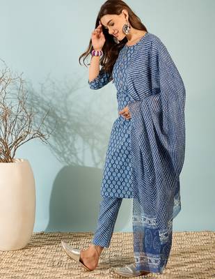 Navy blue floral print cotton straight kurta pant with dupatta set 3
