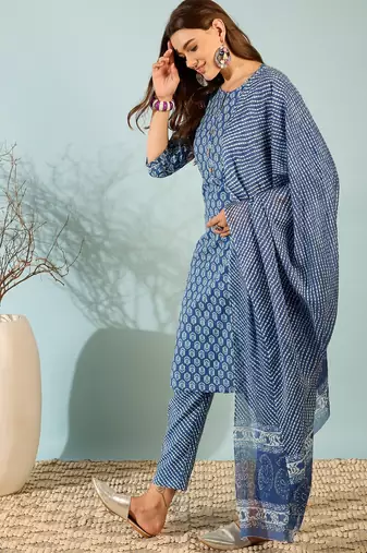 Navy blue floral print cotton straight kurta pant with dupatta set
