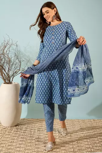 Navy blue floral print cotton straight kurta pant with dupatta set