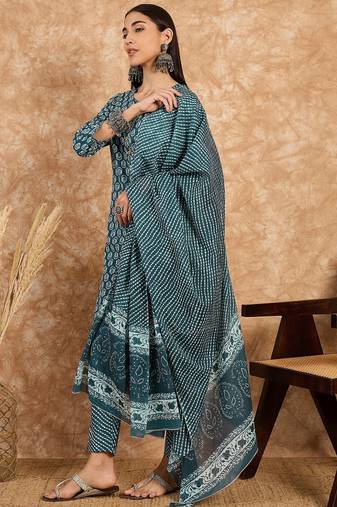 Teal blue floral print cotton straight kurta pant with dupatta set
