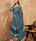 Teal blue floral print cotton straight kurta pant with dupatta set