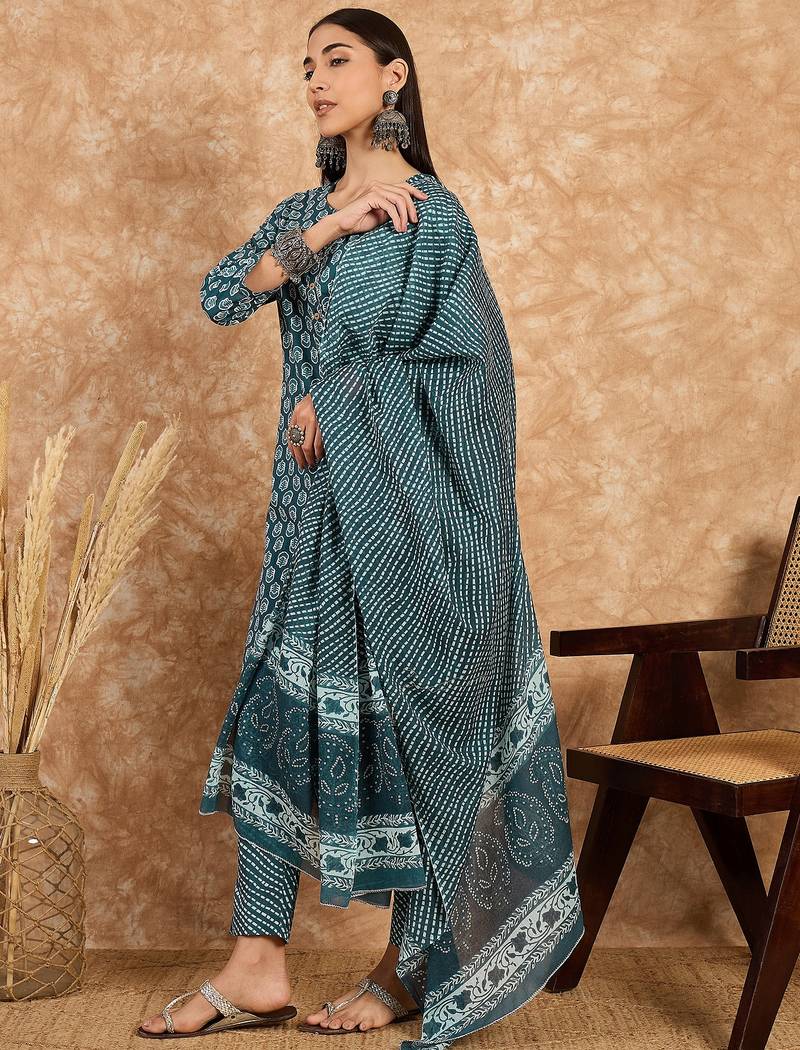 Teal blue floral print cotton straight kurta pant with dupatta set