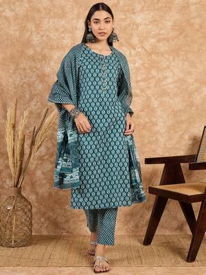 Teal blue floral print cotton straight kurta pant with dupatta set 2