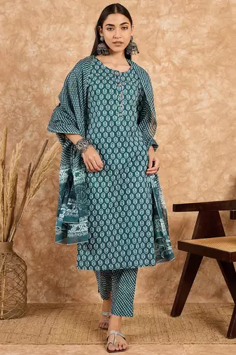 Teal blue floral print cotton straight kurta pant with dupatta set