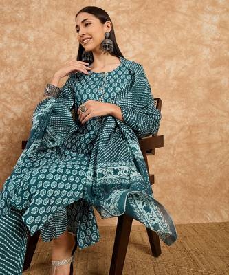 Teal blue floral print cotton straight kurta pant with dupatta set 3
