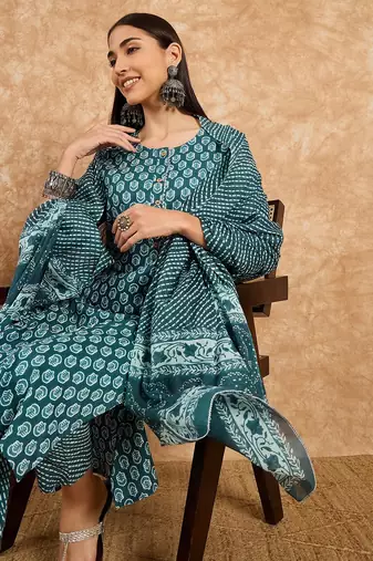 Teal blue floral print cotton straight kurta pant with dupatta set