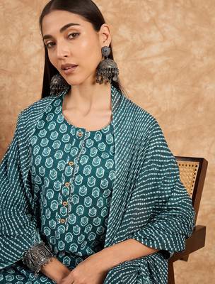 Teal blue floral print cotton straight kurta pant with dupatta set 4