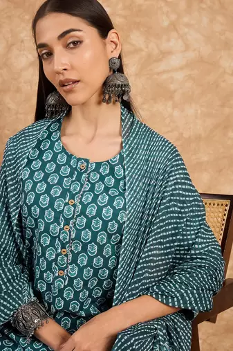 Teal blue floral print cotton straight kurta pant with dupatta set
