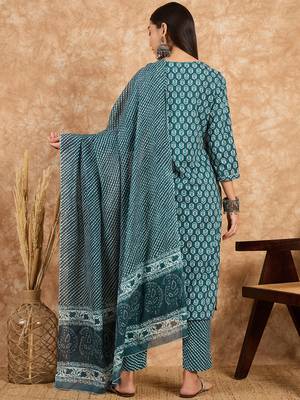 Teal blue floral print cotton straight kurta pant with dupatta set 5
