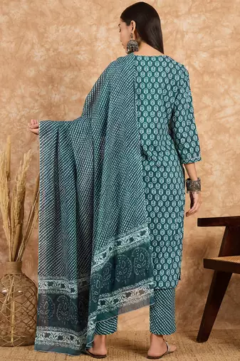 Teal blue floral print cotton straight kurta pant with dupatta set