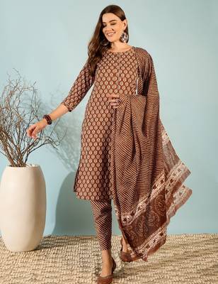 Chocolate floral print cotton straight kurta pant with dupatta set 1