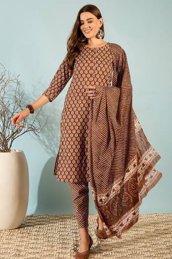 Chocolate floral print cotton straight kurta pant with dupatta set