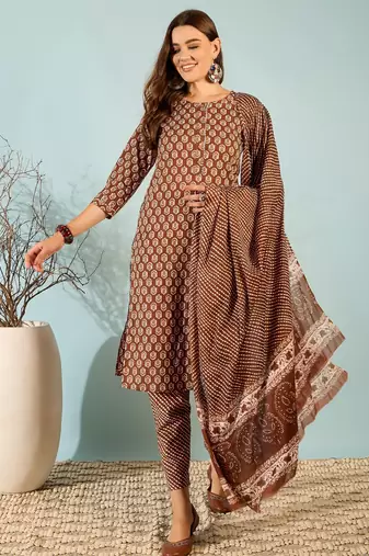 Chocolate floral print cotton straight kurta pant with dupatta set