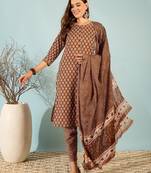 Chocolate floral print cotton straight kurta pant with dupatta set