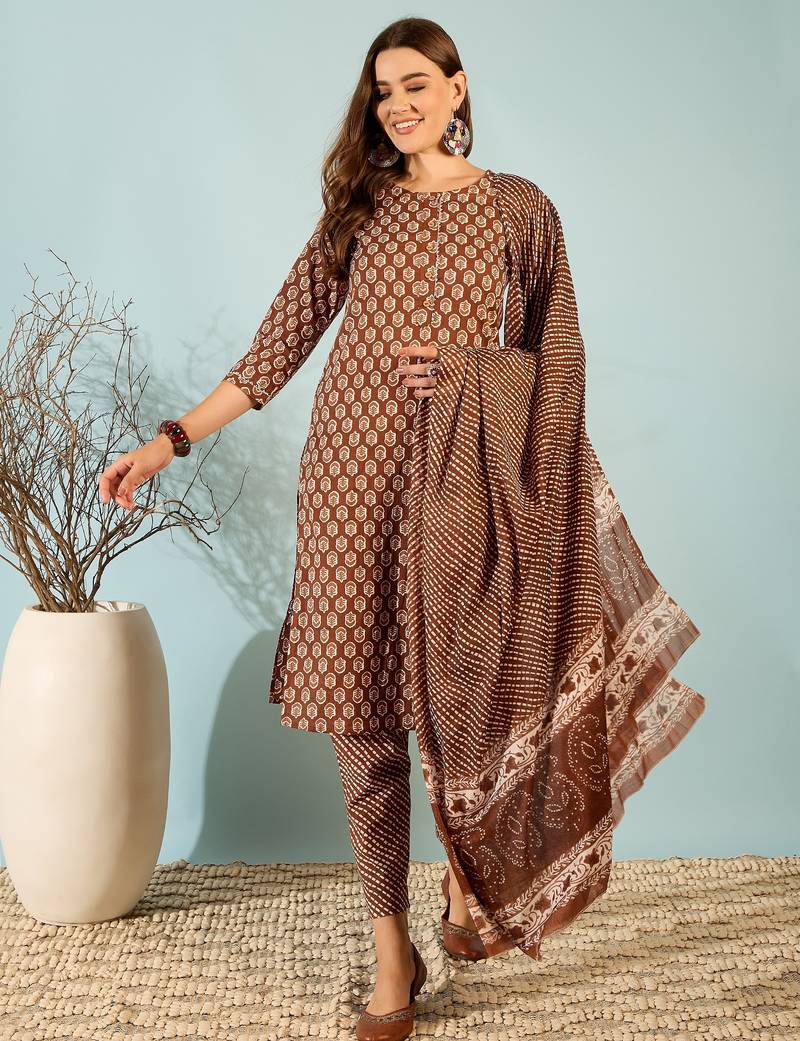 Chocolate floral print cotton straight kurta pant with dupatta set