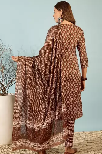 Chocolate floral print cotton straight kurta pant with dupatta set