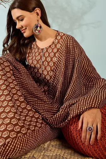 Chocolate floral print cotton straight kurta pant with dupatta set