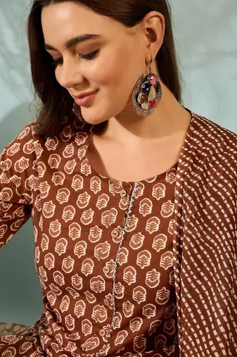 Chocolate floral print cotton straight kurta pant with dupatta set