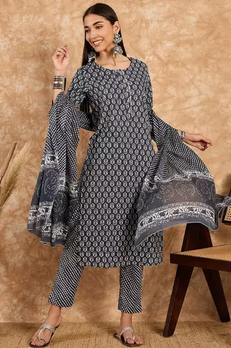 Grey floral print cotton straight kurta pant with dupatta set