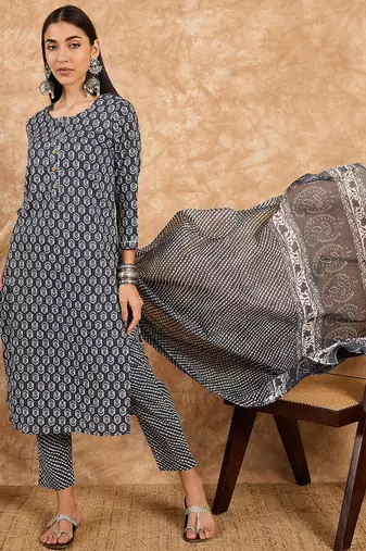 Grey floral print cotton straight kurta pant with dupatta set
