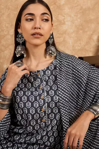 Grey floral print cotton straight kurta pant with dupatta set