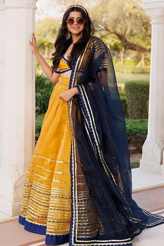 Sunset Gold Yellow and Navy Blue Lehenga Set