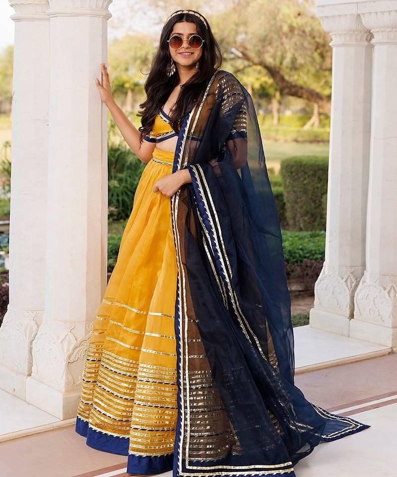 Sunset Gold Yellow and Navy Blue Lehenga Set