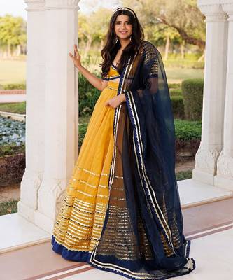 Sunset Gold Yellow and Navy Blue Lehenga Set 2