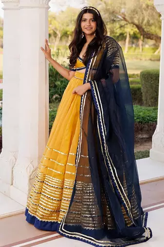 Sunset Gold Yellow and Navy Blue Lehenga Set
