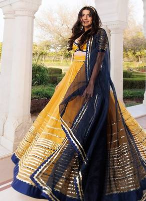 Sunset Gold Yellow and Navy Blue Lehenga Set 3
