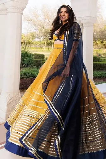 Sunset Gold Yellow and Navy Blue Lehenga Set