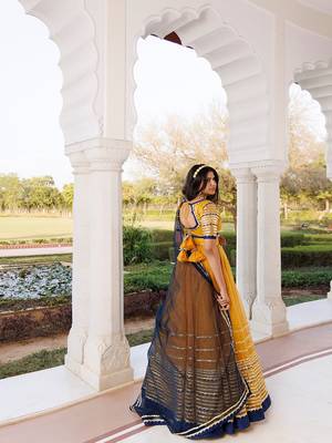 Sunset Gold Yellow and Navy Blue Lehenga Set 4