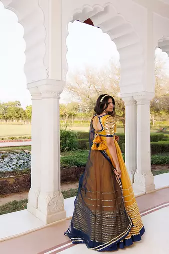 Sunset Gold Yellow and Navy Blue Lehenga Set