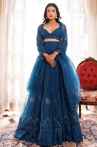 Mosaic Blue Organza Lehenga Set