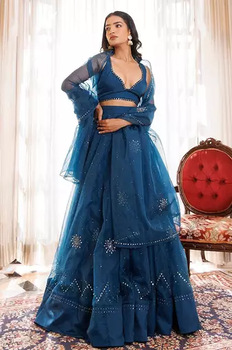 Mosaic Blue Organza Lehenga Set
