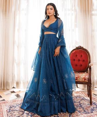 Mosaic Blue Organza Lehenga Set 3