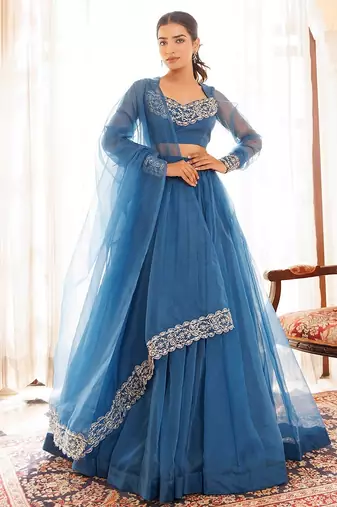 Navy Blue Organza Lehenga Set
