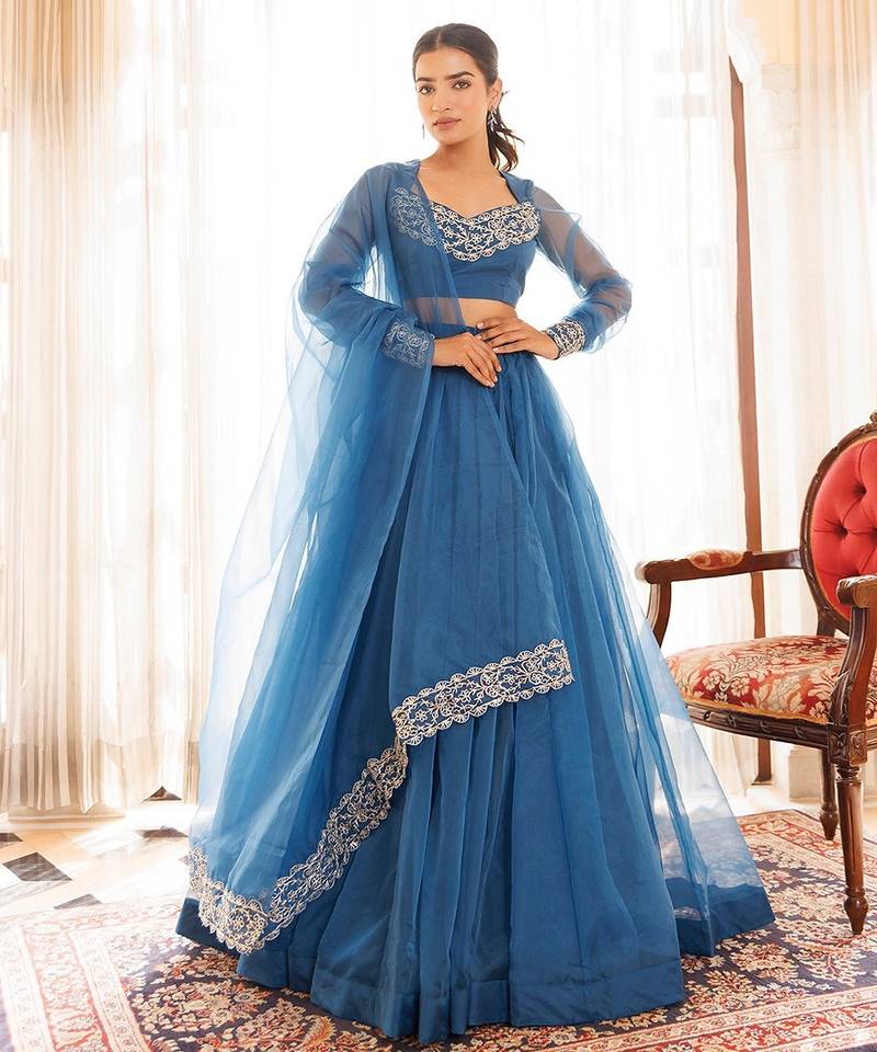 Navy Blue Organza Lehenga Set