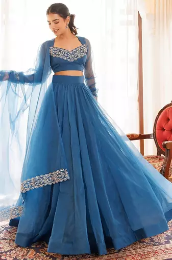Navy Blue Organza Lehenga Set