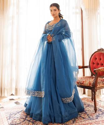 Navy Blue Organza Lehenga Set 3